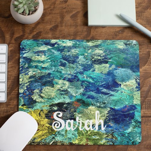 Teal Blue Abstract Art Girly Name Mouse Pad