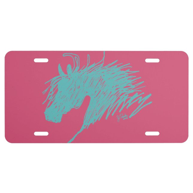 Teal Blue Abstract Horse Head art License Plate (Front)