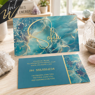 Teal Blue Abstract Marble and Gold Sprinkles Foil Business Cards