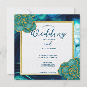 Teal Blue Agate Floral Wedding Invitation