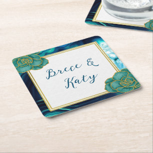 Teal Blue Agate Floral Wedding Square Paper Coaster