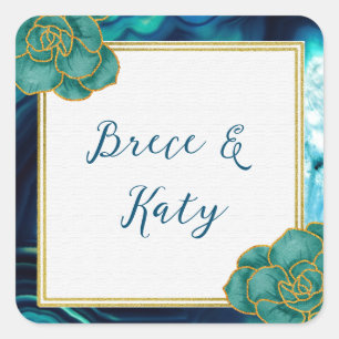 Teal Blue Agate Floral Wedding Square Sticker