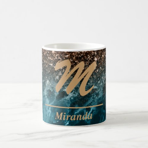 Teal Blue Agate glitter Monogram personalized Coffee Mug