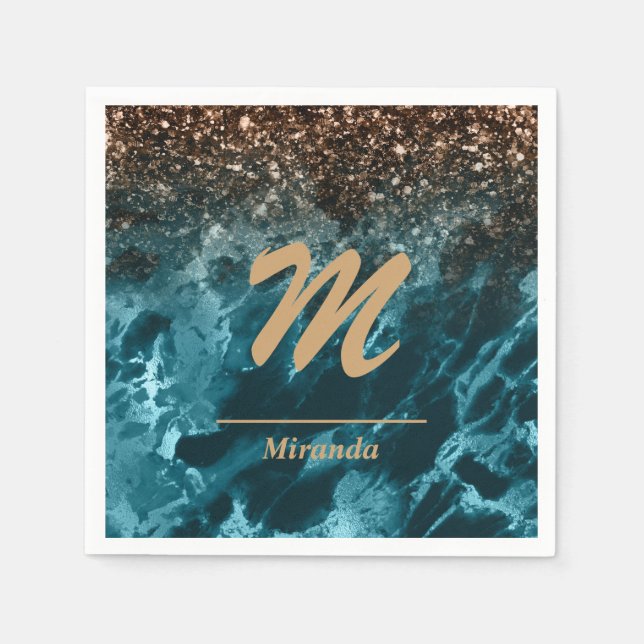 Teal Blue Agate glitter Monogram personalized Napkins (Front)