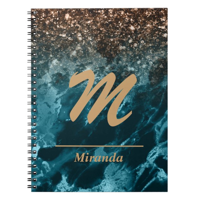 Teal Blue Agate glitter Monogram personalized Notebook (Front)