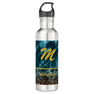 Teal Blue Agate glitter Monogram personalized Stainless Steel Water Bottle