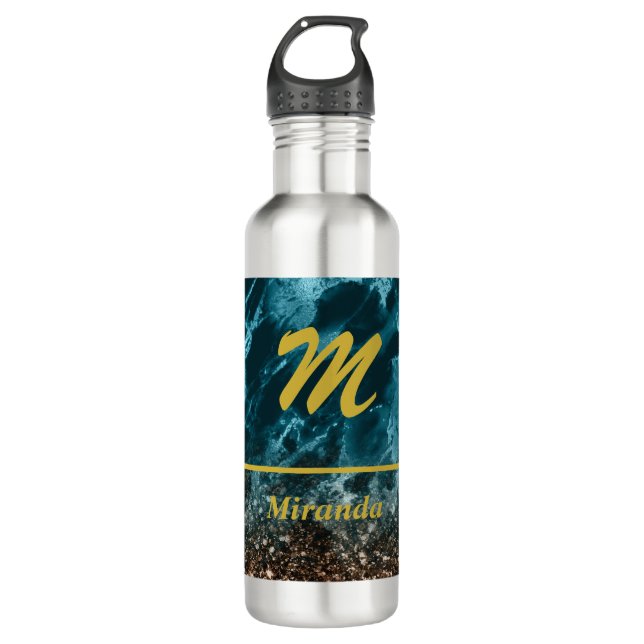 Teal Blue Agate glitter Monogram personalized Stainless Steel Water Bottle (Front)