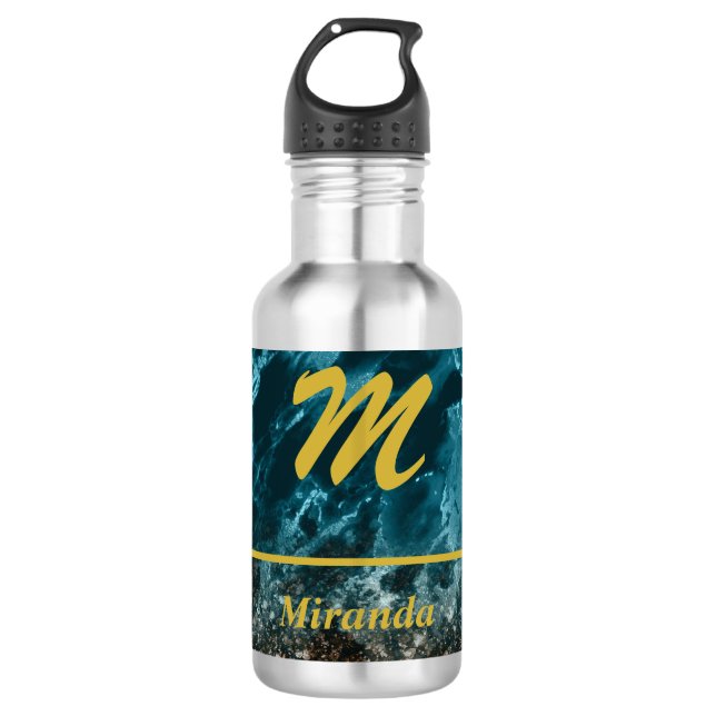 Teal Blue Agate glitter Monogram personalized Stainless Steel Water Bottle (Front)