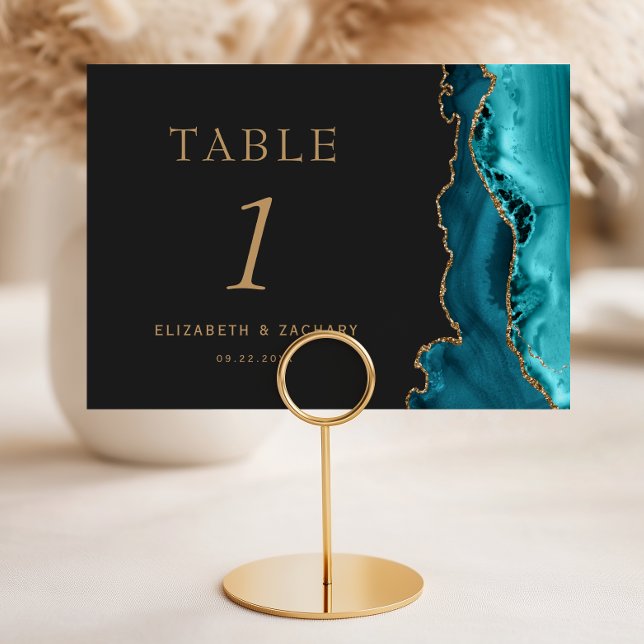 Teal Blue Agate Gold Dark Wedding Table Number (Creator Uploaded)