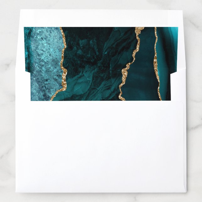 Teal Blue Agate Gold Faux Glitter Wedding Envelope Liner (In Envelope)