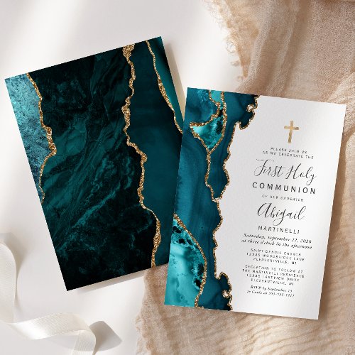  Teal Blue Agate Gold Glitter First Holy Communion Invitation
