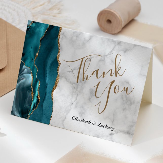 Teal Blue Agate Gold Gray Marble Wedding Thank You Card (Creator Uploaded)