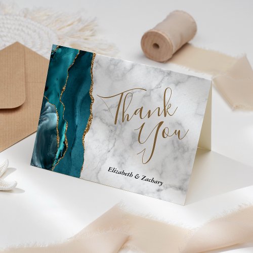 Teal Blue Agate Gold Gray Marble Wedding Thank You Card
