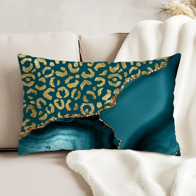 Teal Blue Agate Gold Leopard Spots Accent Pillow (Creator Uploaded)