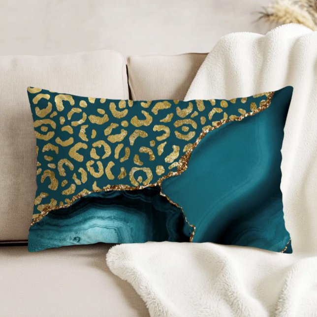 Teal Blue Agate Gold Leopard Spots Accent Pillow (Creator Uploaded)