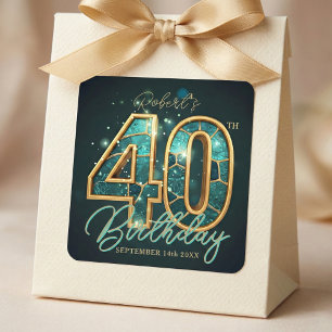 Teal Blue Agate Gold Mosaic 40th Birthday Party Square Sticker