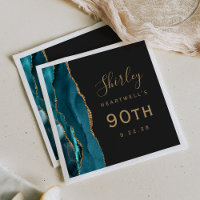 Teal Blue Agate Gold Script Dark 90th Birthday