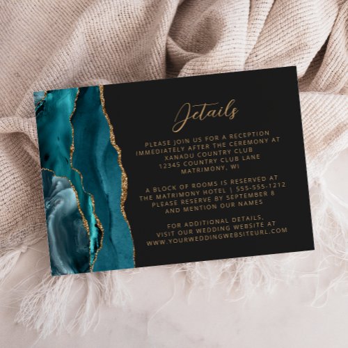 Teal Blue Agate Gold Script Dark Wedding Details Enclosure Card