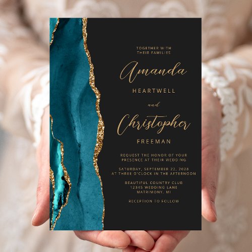 Teal Blue Agate Gold Script Slate Wedding Invitation