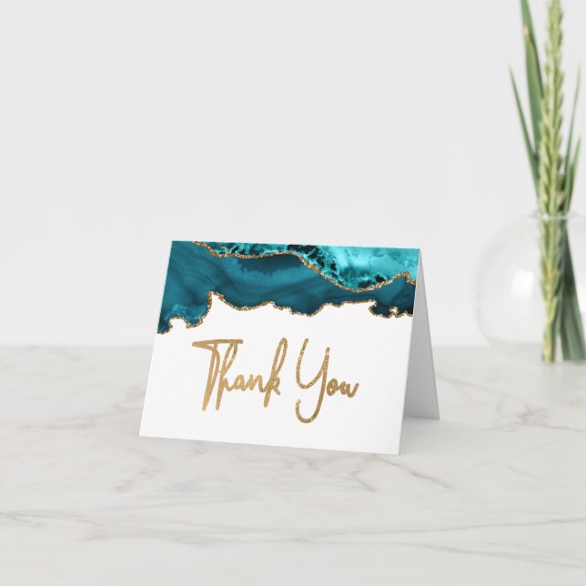 Teal Blue Agate Gold Script Thank You Card (Front)