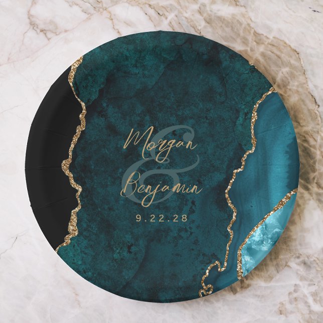 Teal Blue Agate Gold Script Wedding Paper Plates (Creator Uploaded)