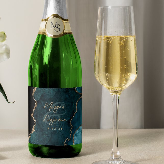 Teal Blue Agate Gold Script Wedding Sparkling Wine Label (Creator Uploaded)