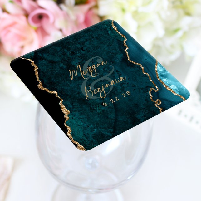 Teal Blue Agate Gold Script Wedding Square Paper Coaster (Creator Uploaded)