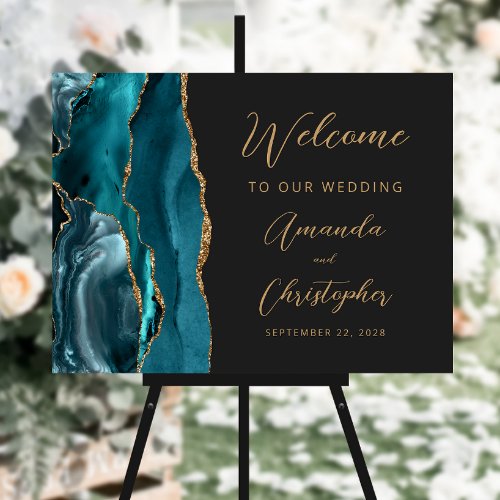 Teal Blue Agate Gold Script Wedding Welcome Foam Board