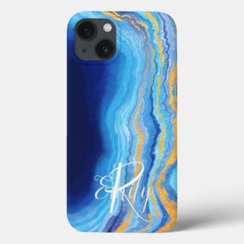  Teal  blue Agate Marble Abstract Name Monogram  iPhone 13 Case