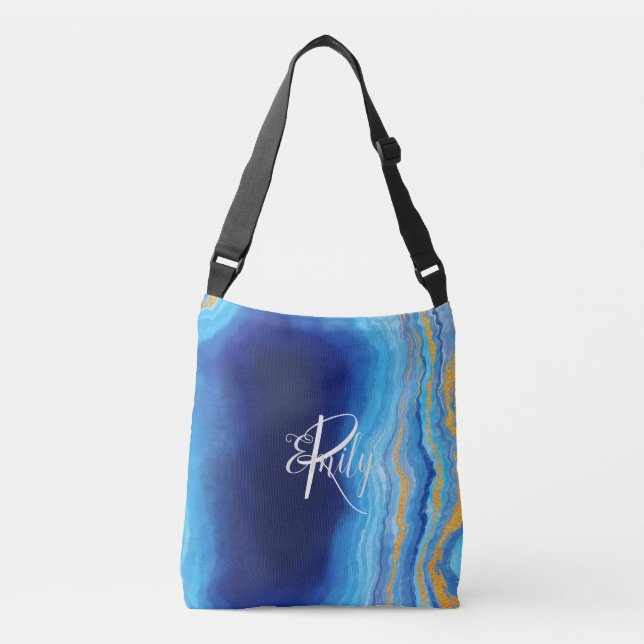  Teal & blue Agate Marble Abstract Name Monogram  Crossbody Bag (Front)