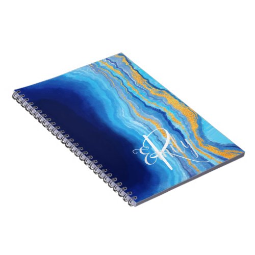  Teal  blue Agate Marble Abstract Name Monogram  Notebook