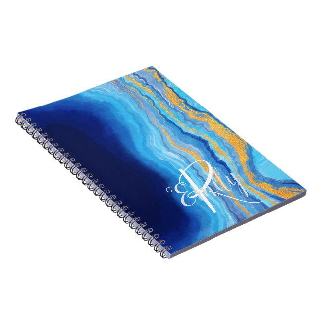  Teal & blue Agate Marble Abstract Name Monogram  Notebook (Right Side)