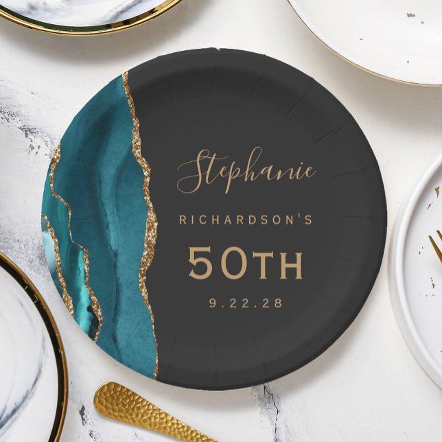 Teal Blue Agate Marble Gold Dark 50th Birthday Paper Plates (Creator Uploaded)