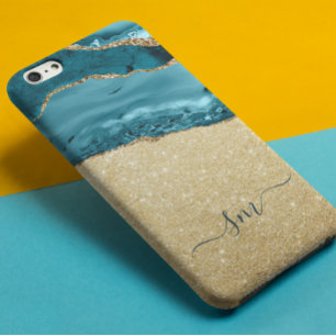 Teal Blue Agate Monogram Script Stone Gold  iPhone 13 Case