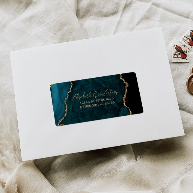 Teal Blue Agate Script Wedding RSVP Address Label (Creator Uploaded)