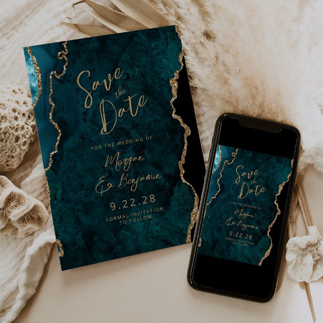 Teal Blue Agate Script Wedding Save the Date Invitation (Creator Uploaded)
