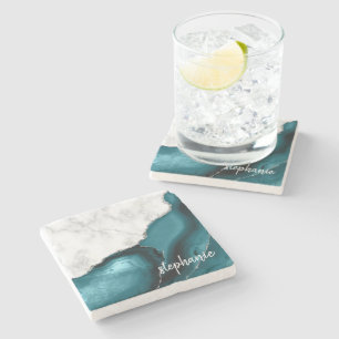 Teal Blue Agate Signature White Marble Silver Stone Coaster