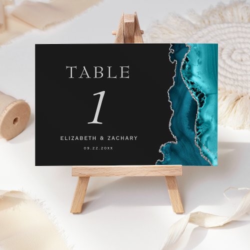 Teal Blue Agate Silver Dark Wedding Table Number