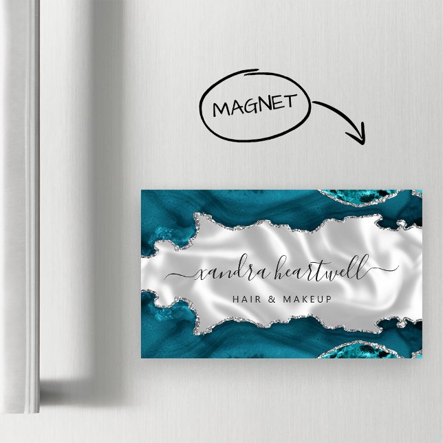 Teal Blue Agate Silver Glitter Luxury Business Card Magnet (Creator Uploaded)