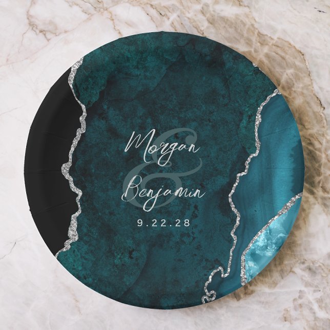 Teal Blue Agate Silver Script Wedding Paper Plates (Creator Uploaded)