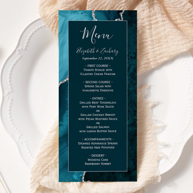 Teal Blue Agate Silver Wedding Menu (Creator Uploaded)