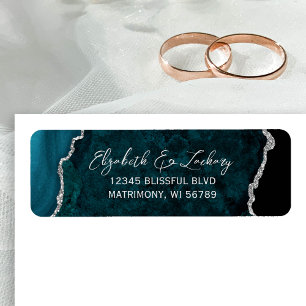 Teal Blue Agate Silver Wedding Return Address Label