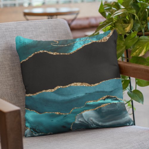 Teal Blue Agate Stone Black Gold Foil look Throw Pillow