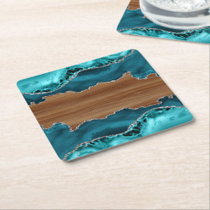Teal Blue Agate Stone Silver Teak wood Look Square Paper Coaster