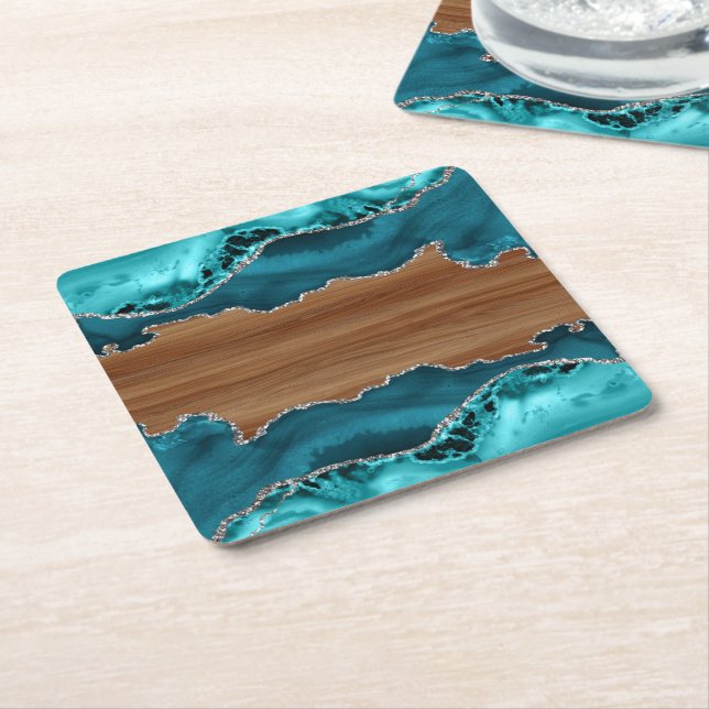 Teal Blue Agate Stone Silver Teak wood Look Square Paper Coaster (Angled)