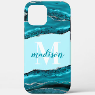 Teal Blue Agate with Silver Glitter Monogrammed iPhone 12 Pro Max Case