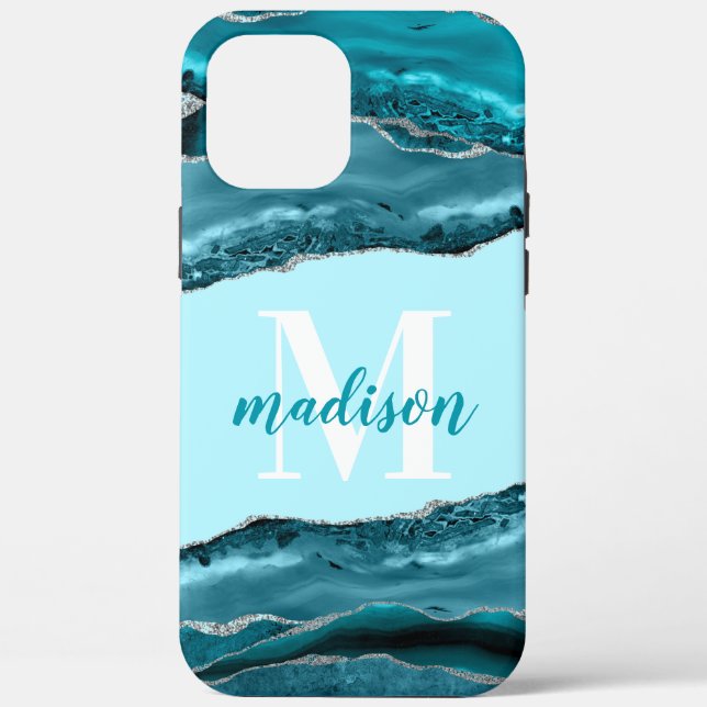 Teal Blue Agate with Silver Glitter Monogrammed  Case-Mate iPhone Case (Back)