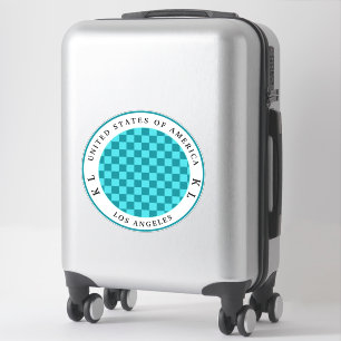 Teal Blue and Aqua Checkerboard Travel Luggage Sticker