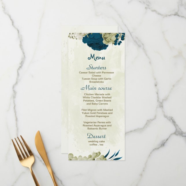 teal blue and beige flowers botanical wedding  menu (Front/Back In Situ)