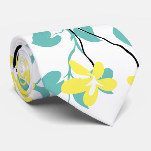 Teal blue and black branch and yellow flowers neck tie